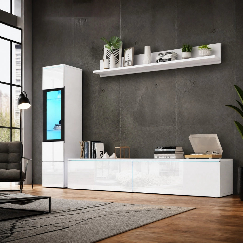 PARETE ATTREZZATA Set da 3 pezzi con LED 180 cm Bianco lucido