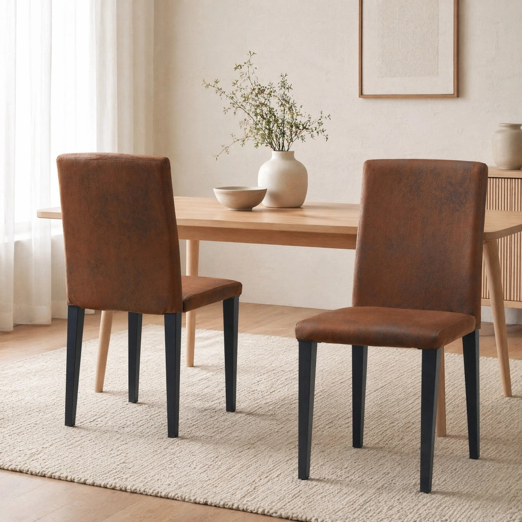 Set di 2 sedie da pranzo moderne in tessuto marrone e metallo nero, stile minimalista
