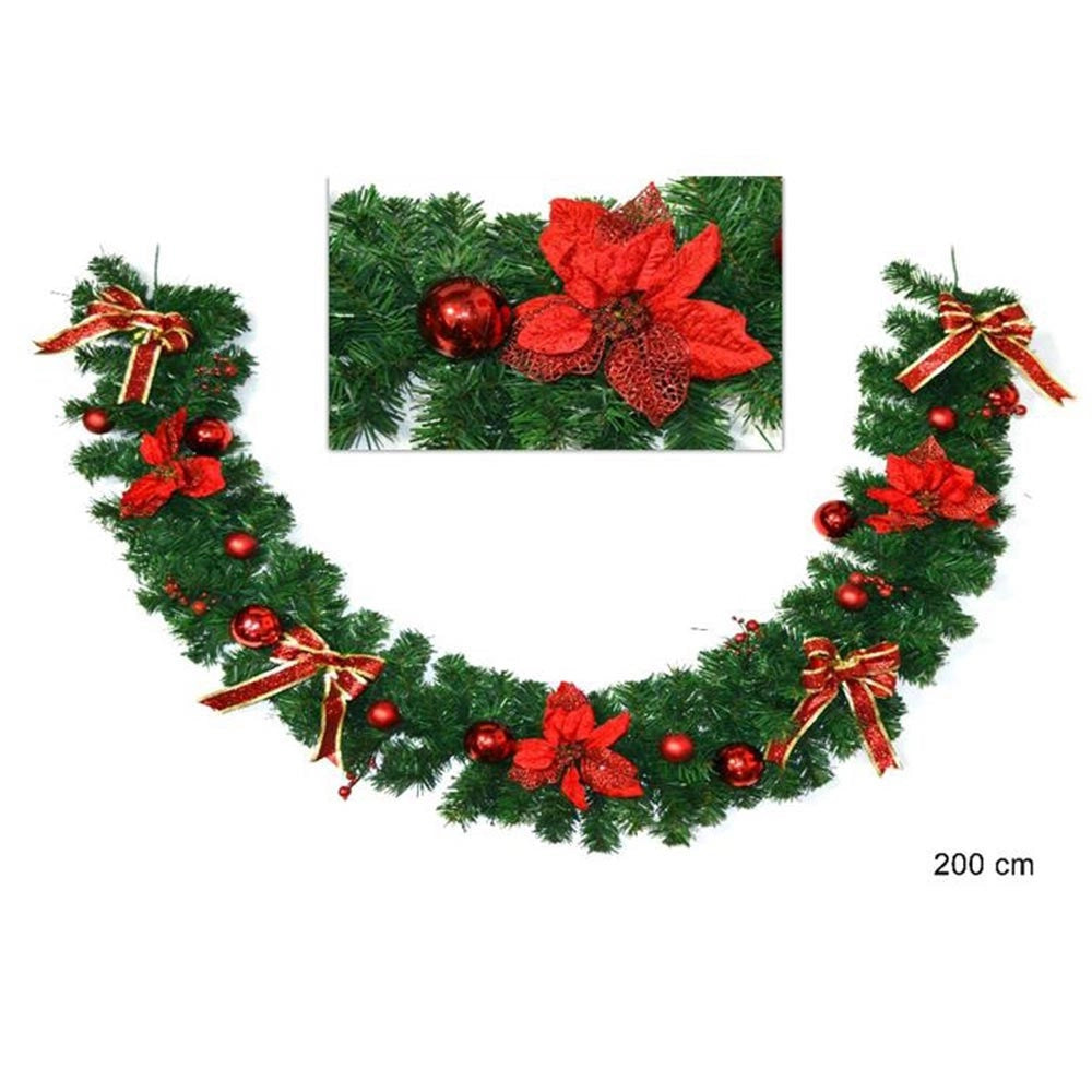 Trade Shop - Ghirlanda Natalizia Stella Natale Fiori Palline Fiocchi 200cm Decorazioni Rosso -
