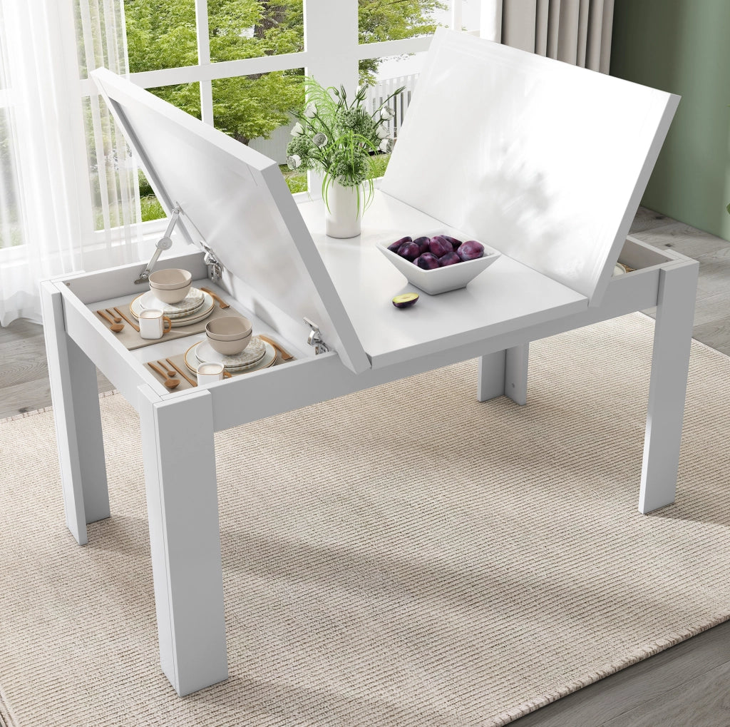 Tavolo da pranzo con vano contenitore nascosto e piano apribile in MDF bianco