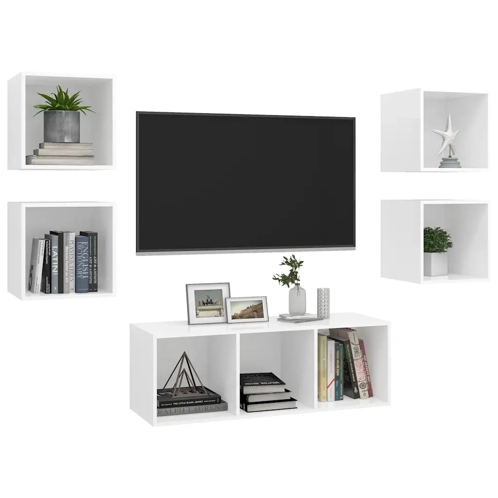 Set Mobili Porta TV 5 pz-Credenza per TV Bianco in Legno Multistrato 388002