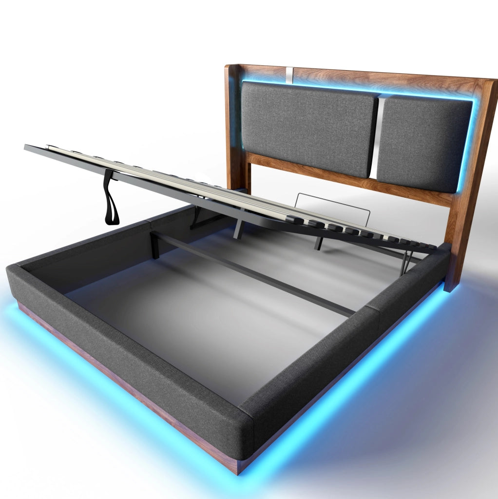 Letto imbottito 140x200 con LED, vano contenitore e rete a doghe