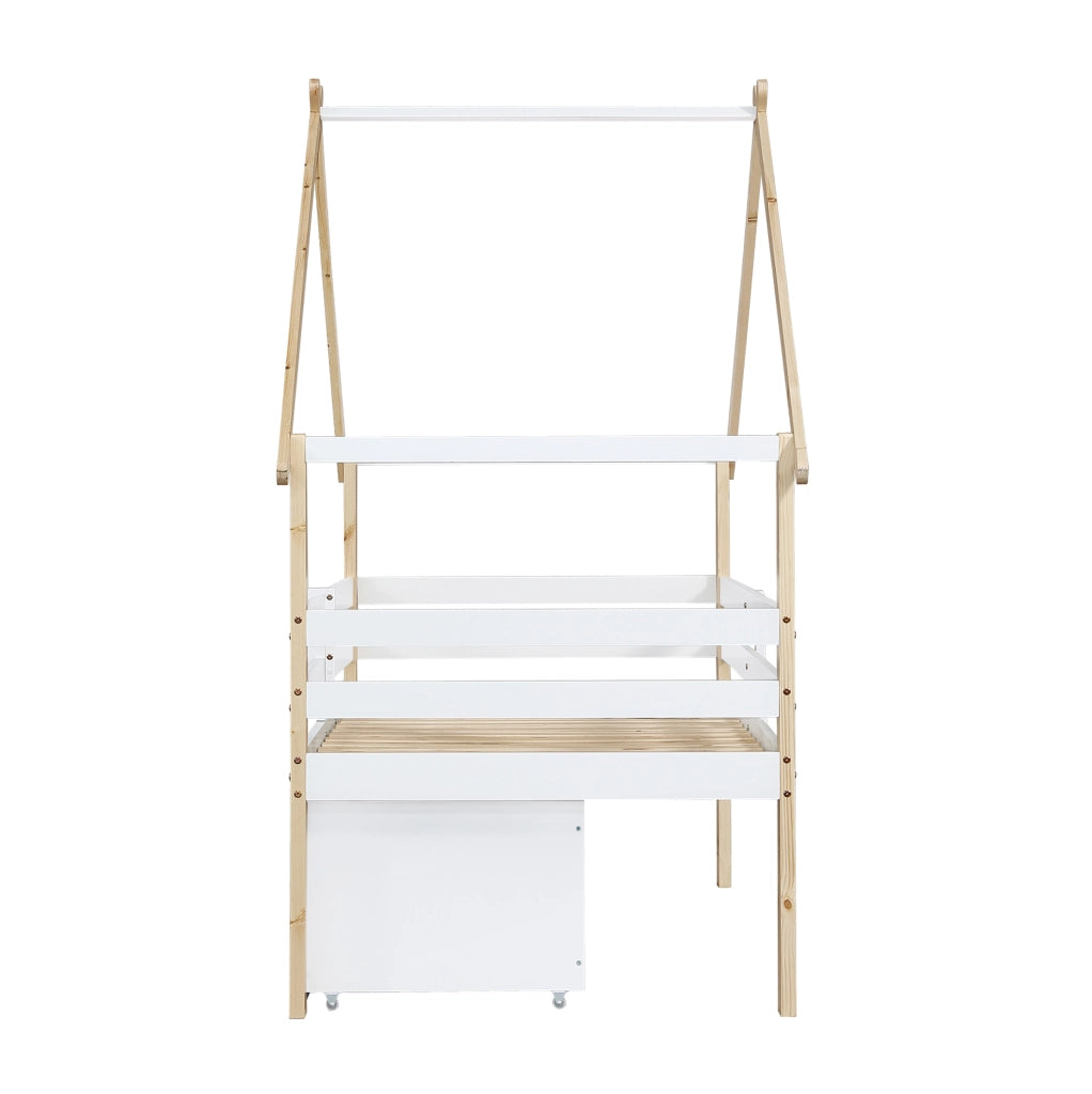 Letto a casetta 90x200 cm semialto con scala e 2 armadietti in legno e MDF bianco e naturale