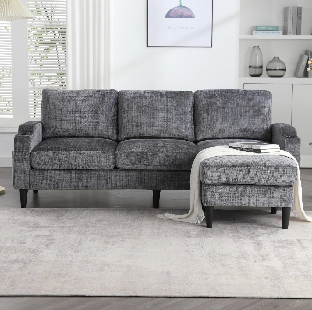 Divano 4 posti con pouf contenitore; rivestimento in chenille grigio; 196;5 cm