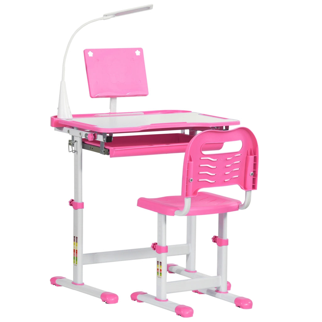 Banco Scuola Regolabile con Sedia per Bambini 6-12 Anni, 70x49.5x80-105 cm, Rosa