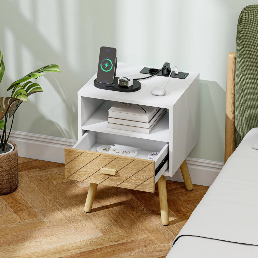 Comodino con Stazione di Ricaricare ¨C zephmum ¨C 2 Prese AC, USB, Tipo-C, Bianco