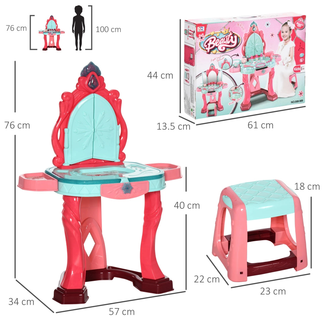 Toeletta Bambini con Sgabello Specchio LED ¨C Xylo ¨C Rosa Multicolore 57x34x76