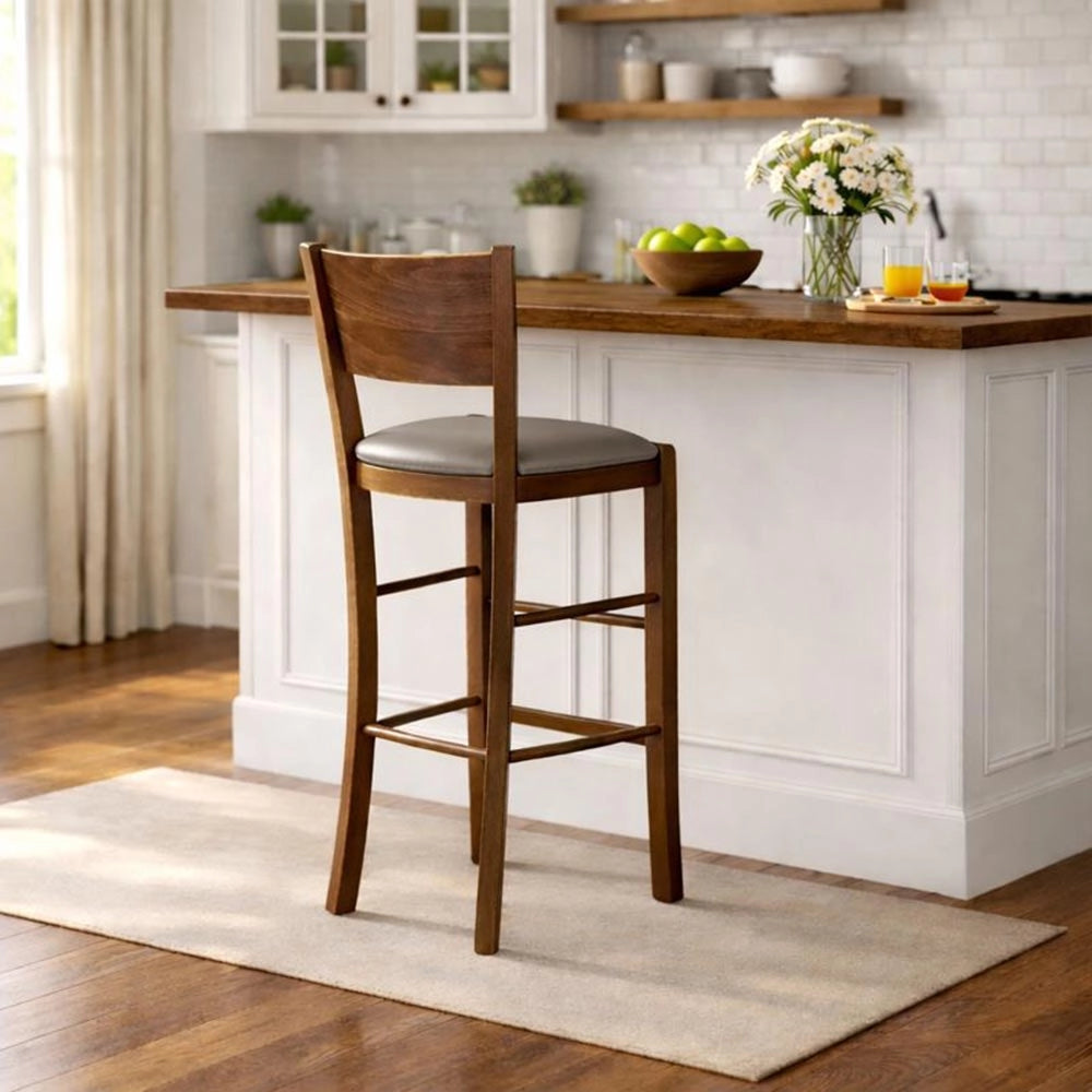 Sgabello alto bar lucy in legno noce scuro h 73 con seduta grigio tortora