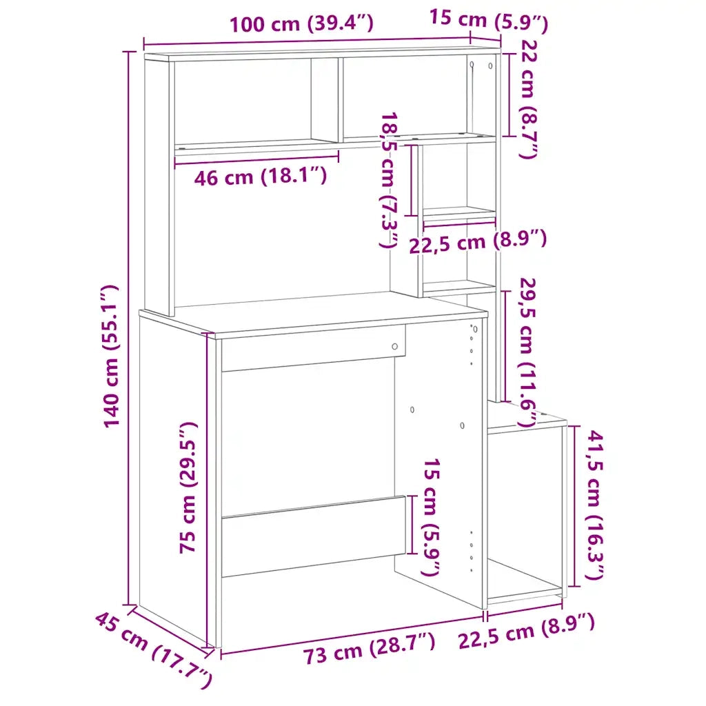 Scrivania | Tavolo da Ufficio Mensole Rovere Fumo 100x45x140 cm Legno Multistrato