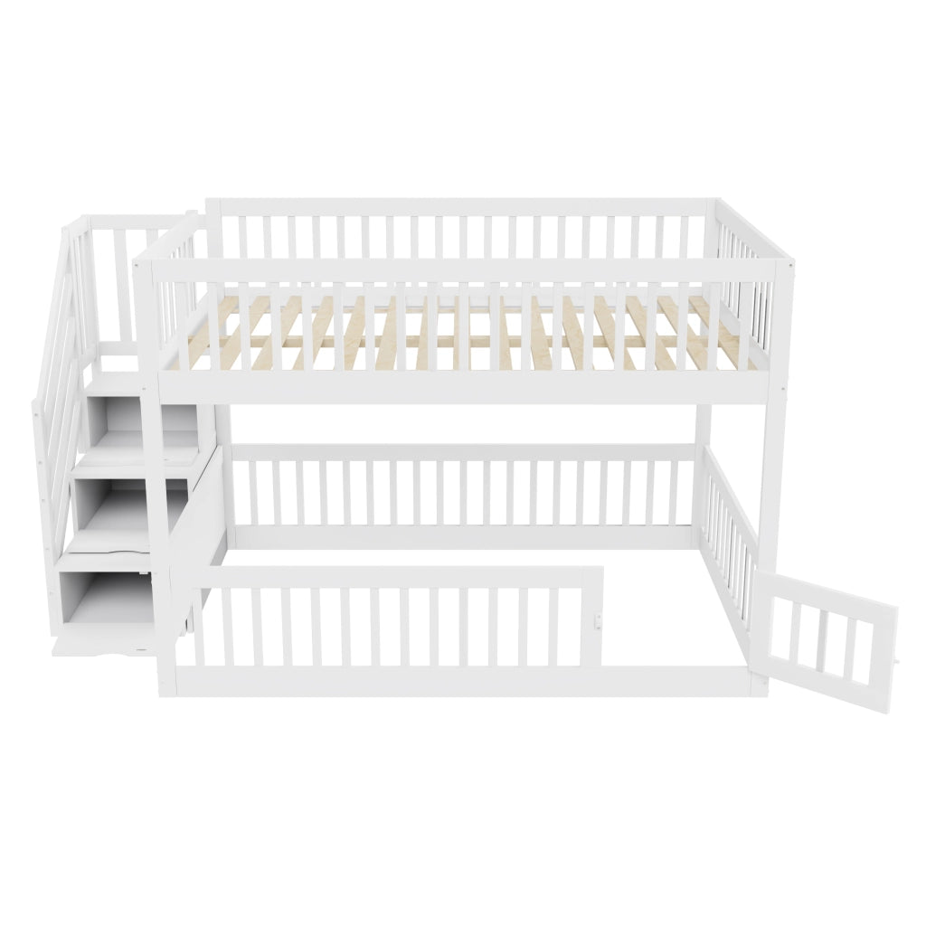 Letto a Castello 140x200 cm; Scale con Cassetti e Porta Apribile; in Legno; Bianco