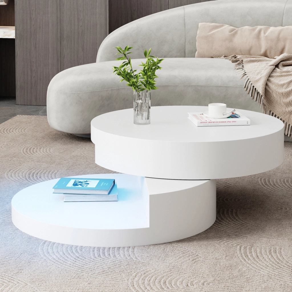 Tavolino da caffè rotondo 70x70x35,5 cm girevole a 360° con LED, struttura a doppio livello, MDF, bianco