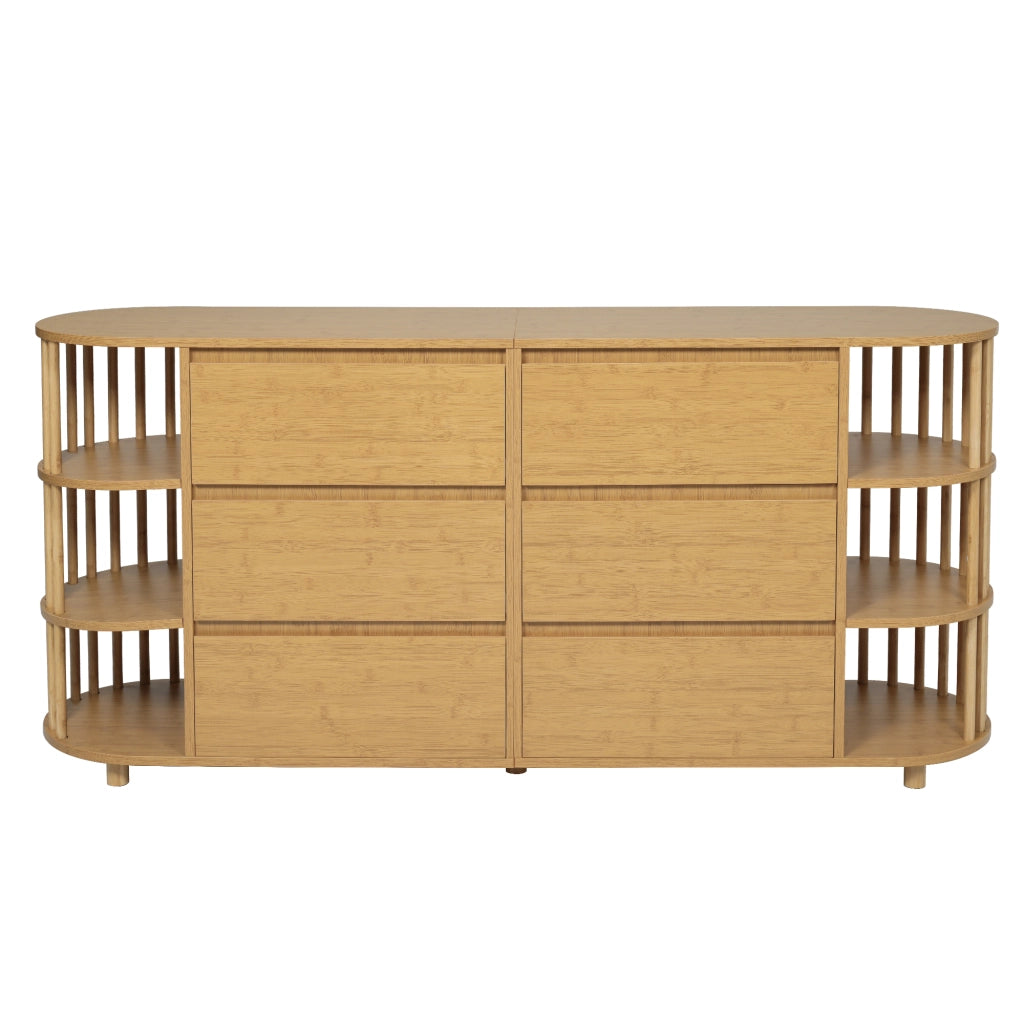 Credenza con 6 Cassetti e Ripiani Aperti Piedini Regolabili per Soggiorno in MDF e Bambù 160 x 40 x 75 cm Rovere