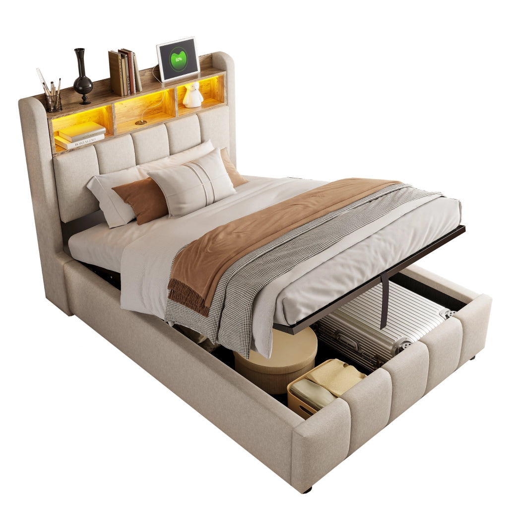Letto imbottito con LED; USB e porta Type-C 90x200 cm in tessuto effetto lino beige