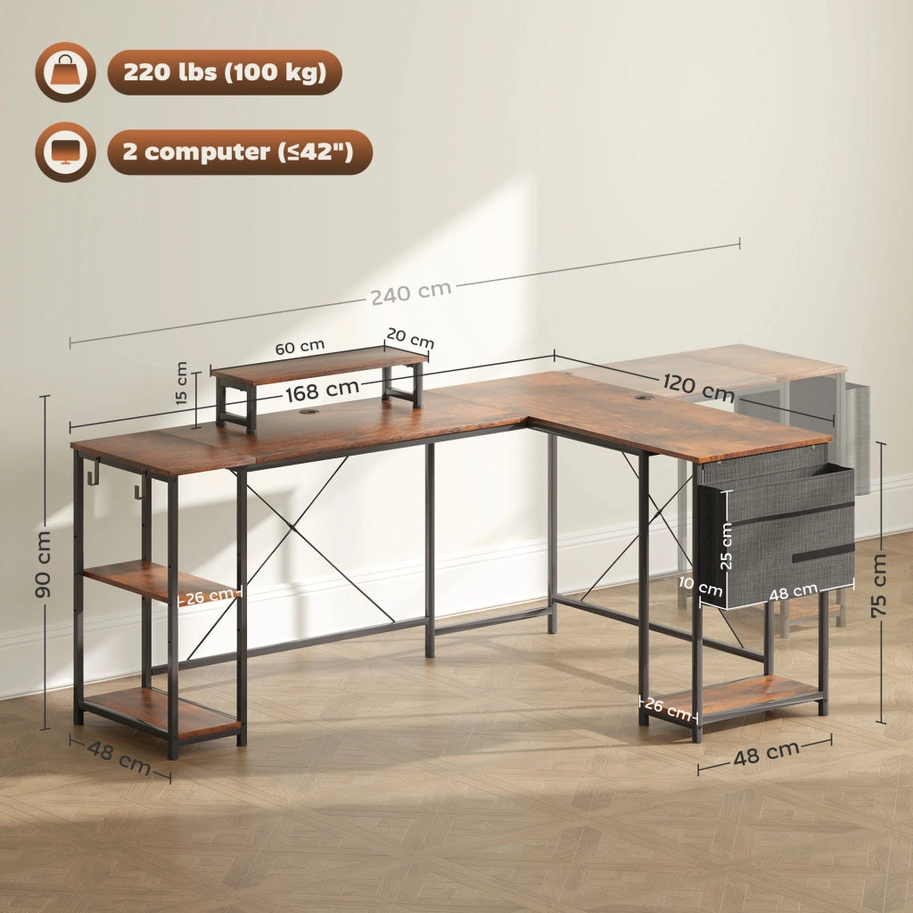 Scrivania angolare a L 168 x 120 cm con vani portaoggetti, borsa portaoggetti, scrivania reversibile per computer con supporto per monitor, scrivania