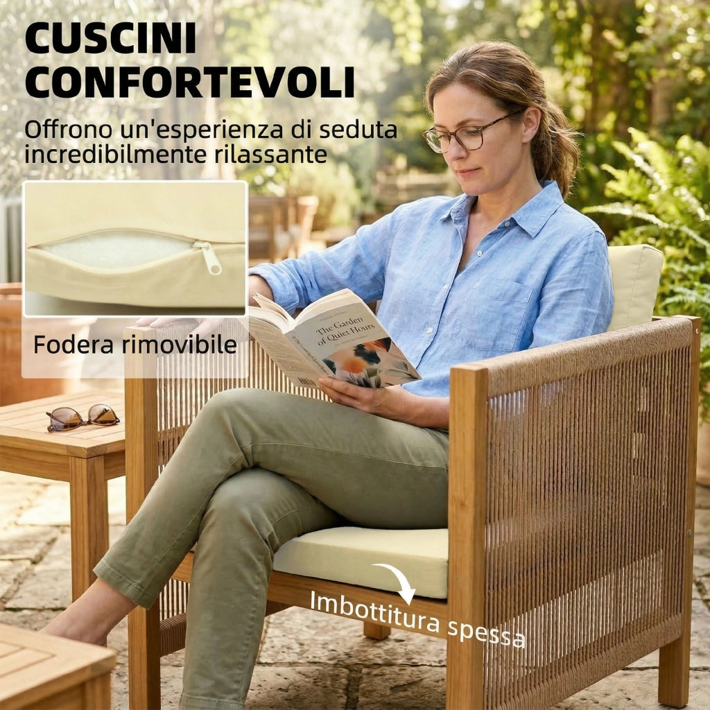Set Salotto Giardino 4 Pezzi ¨C Zephmum ¨C Divanetto, 2 Poltrone con Cuscini, Tavolino Legno Acacia