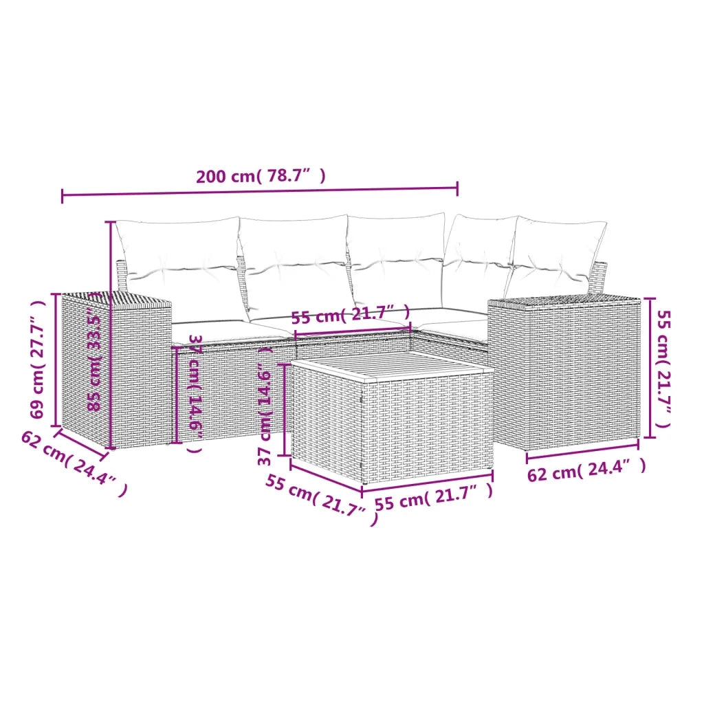 Set Divani da Giardino 5 pz con Cuscini in Polyrattan Nero