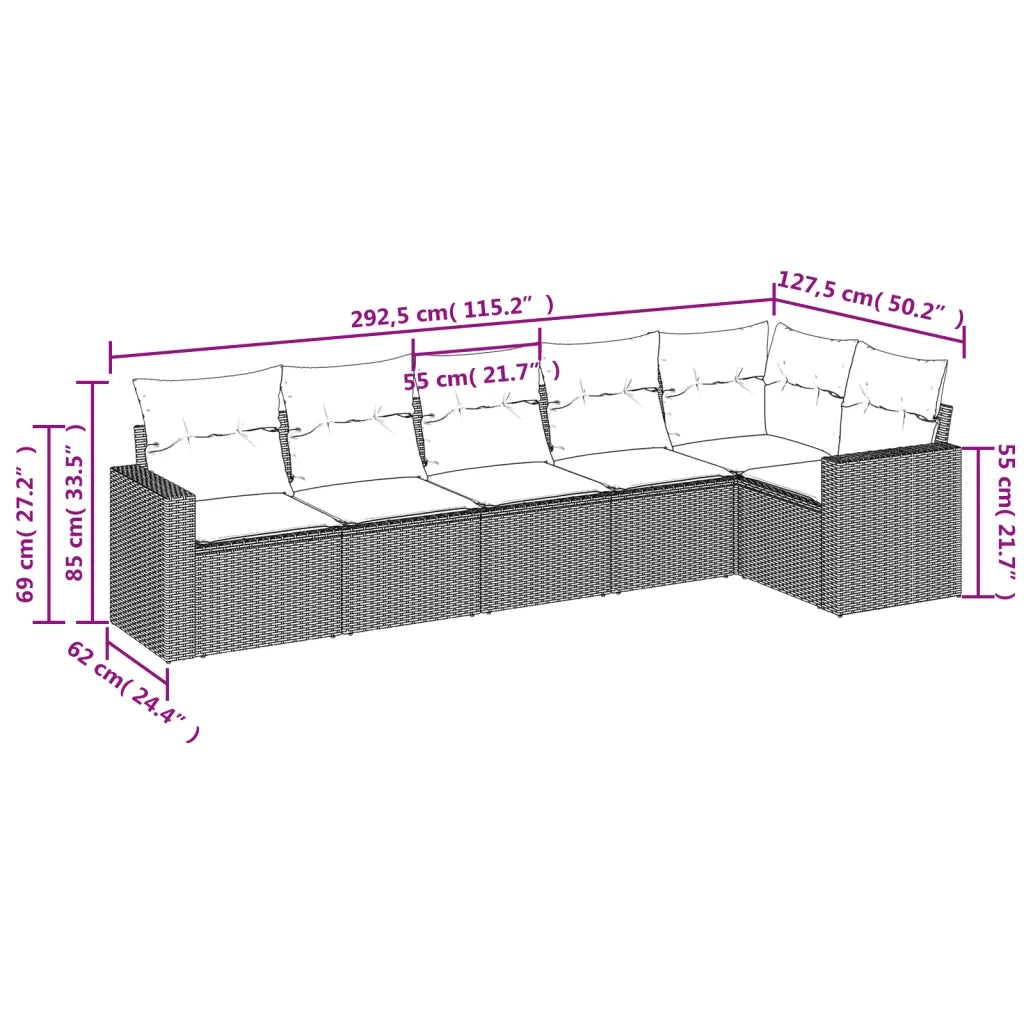 Set Divano da Giardino 6 pz con Cuscini Grigio in Polyrattan