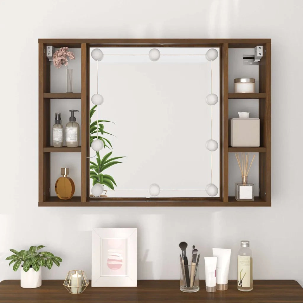Mobile a Specchio con LED-Armadietto a Specchio Rovere Marrone 76x15x55 cm