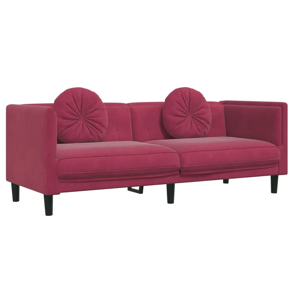 Set di Divani 3 pz con Cuscini Rosso Vino in Velluto