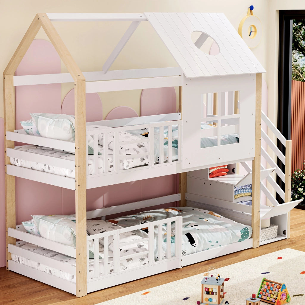LETTO A CASTELLO 90x200 cm con scala contenitore, bianco e naturale