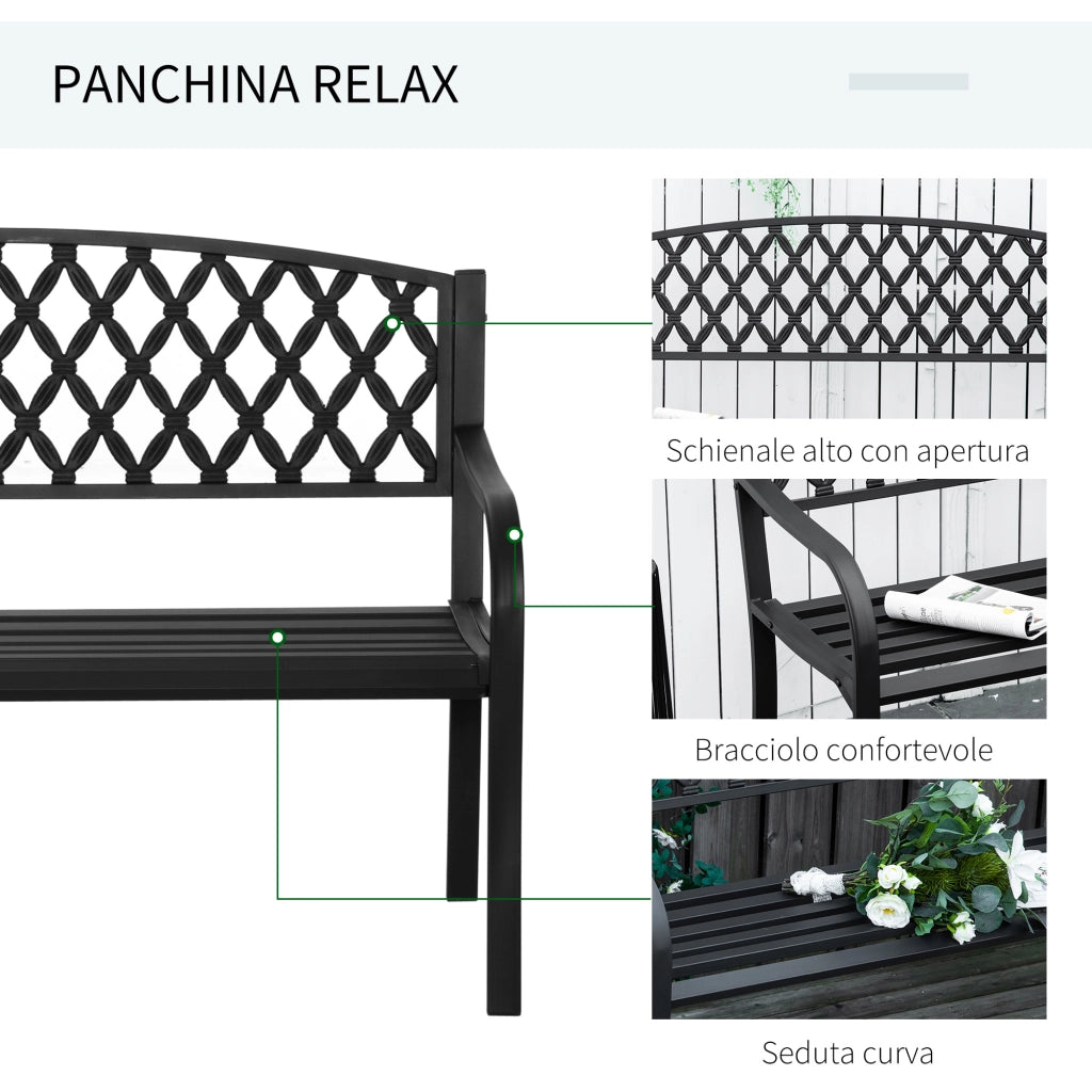 Panchina da Giardino 2 Posti ¨C Xylo ¨C Acciaio e Ghisa Nero 128x58.5x89cm