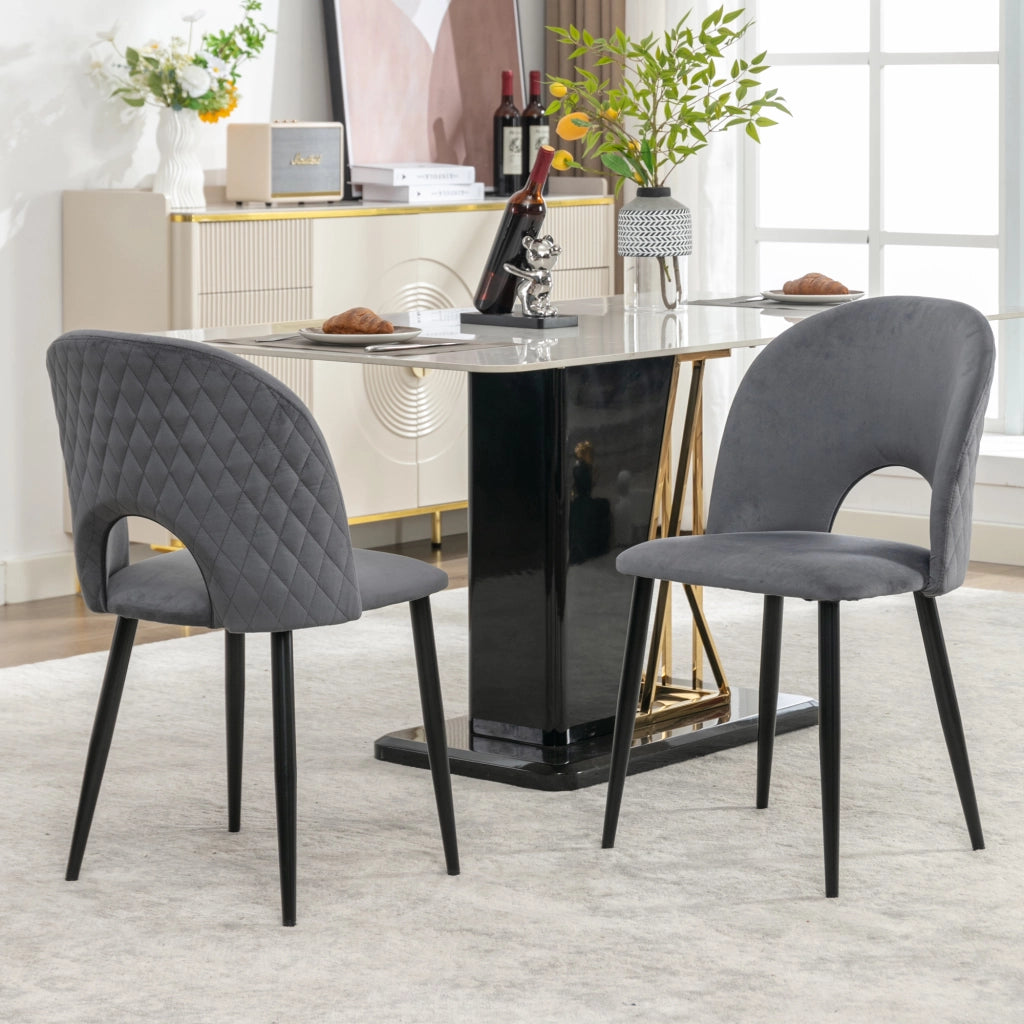 Sedia da pranzo (2 pezzi), sedia di design imbottita con schienale, seduta in velluto, struttura in metallo, piedini regolabili, motivo a rombi sullo