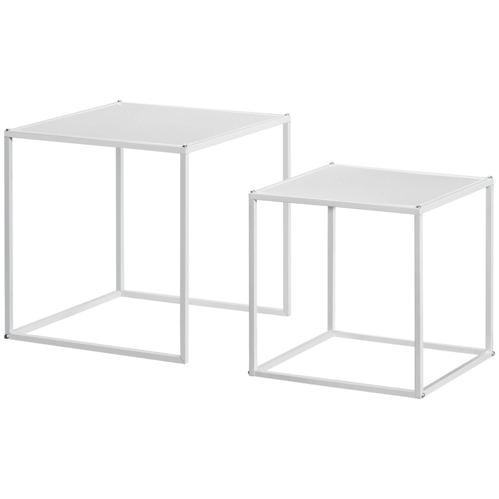 Set 2 Tavolini da Caff¨¨ Impilabili Quadrati in Acciaio, Bianco