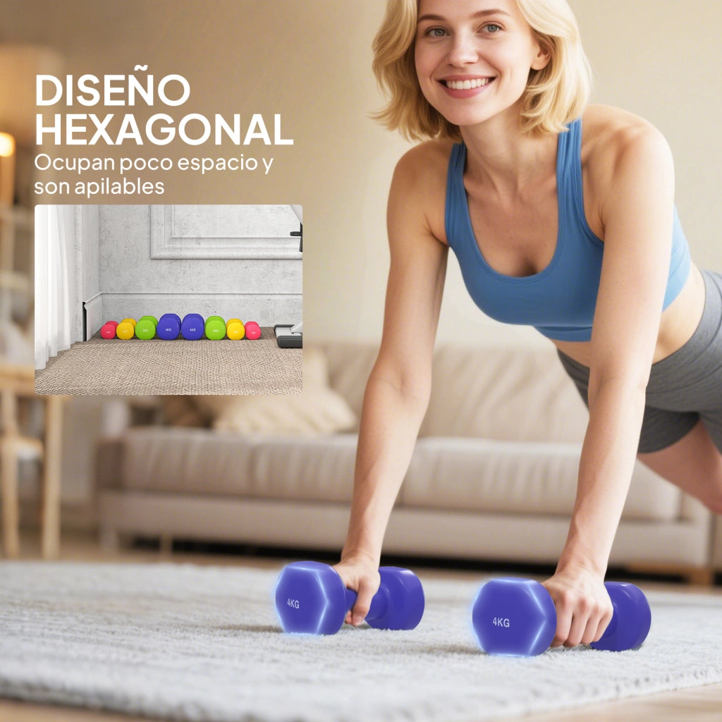 Set di 8 manubri esagonali 20 kg ¨C Minimal ¨C 4 paia 4 kg 3 kg 2 kg 1 kg neopreno antiscivolo