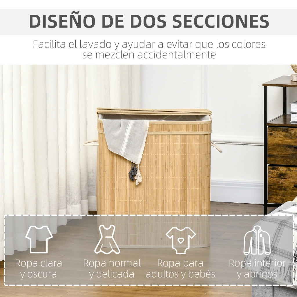 Cestino Portabiancheria in Bamb¨´ con 2 Scomparti e Manico ¨C Minimal ¨C 54x35x59 cm