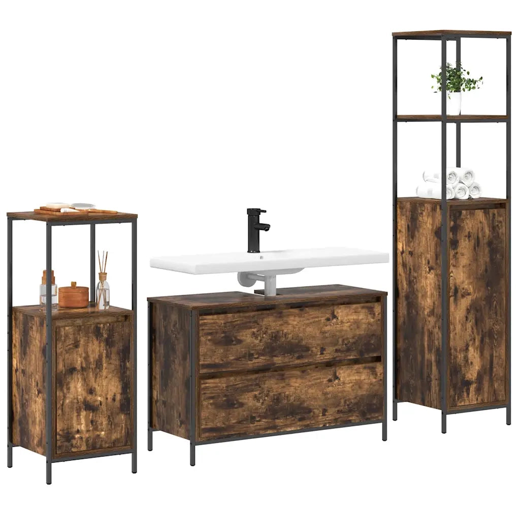 Set di mobili per il Bagno | Armadio da bagno 3 pz Rovere fum¨¦ Legno multistrato