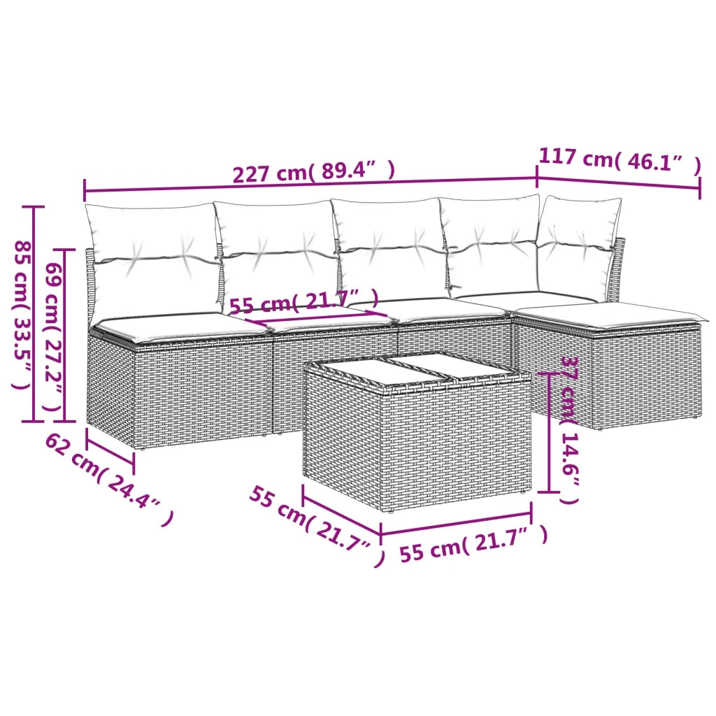 Set Divano da Giardino 6 pz con Cuscini Nero in Polyrattan 3249365