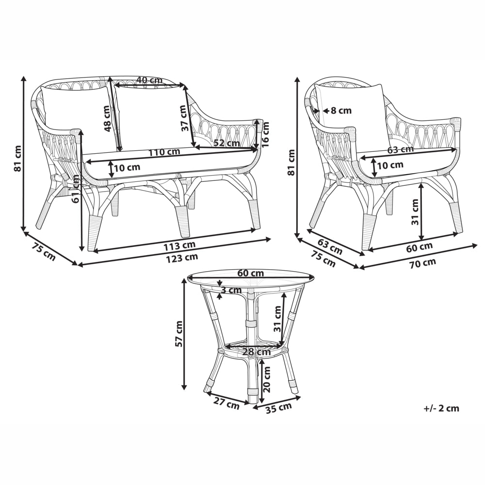 Set da Giardino in Rattan Sintetico con 2 Poltrone Divano e 1 Tavolino Beige
