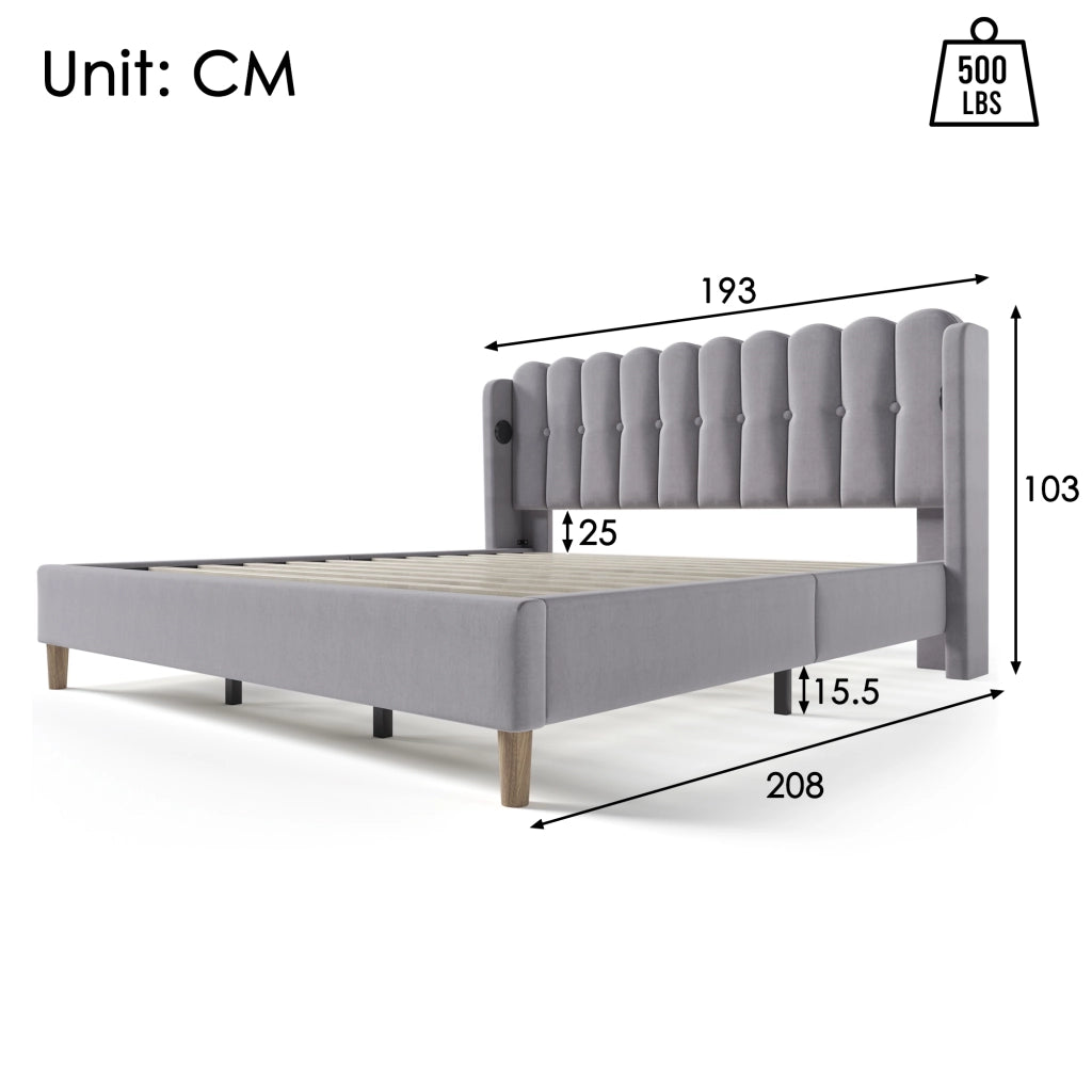 LETTO imbottito 180x200 cm in lino grigio con USB e tipo C
