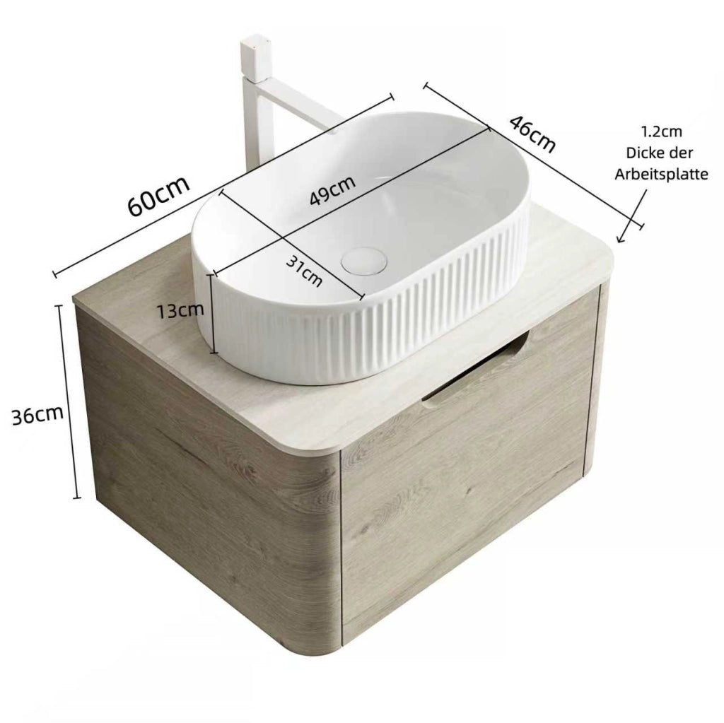 Mobile sottolavabo con lavabo ovale in ceramica e top in pietra sinterizzata travertino beige 60 × 46 × 50,2 cm