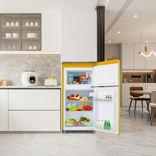 Frigorifero retrò; frigorifero a doppia porta; volume totale 72L; congelatore 21L; luce LED; efficiente energetico; giallo