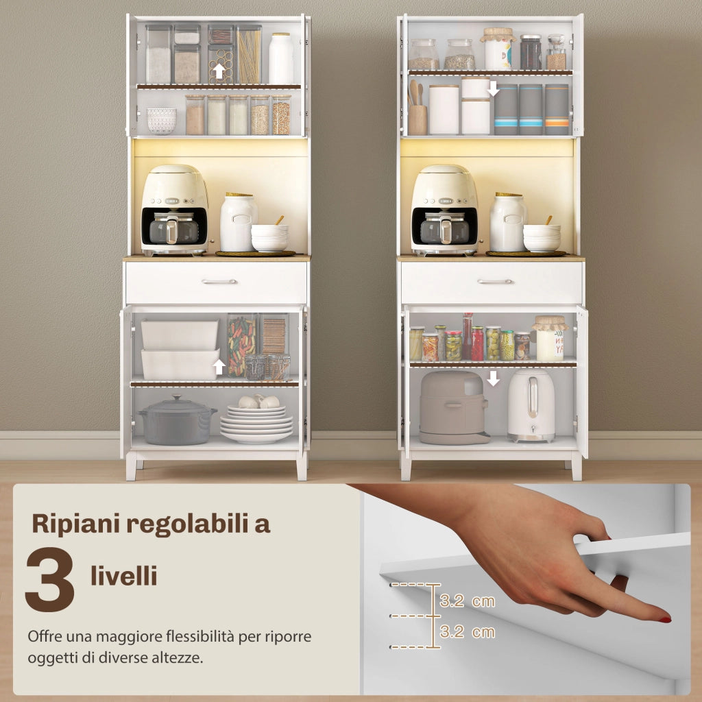 Credenza Moderna 71x40x180 cm con Luci LED Prese Elettriche e USB 2 Armadietti e Cassetto Bianco