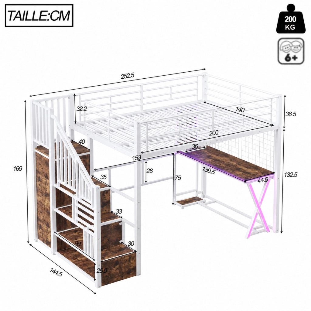 LETTO A CASTELLO 140x200 cm con scrivania, armadio e scale contenitore bianco