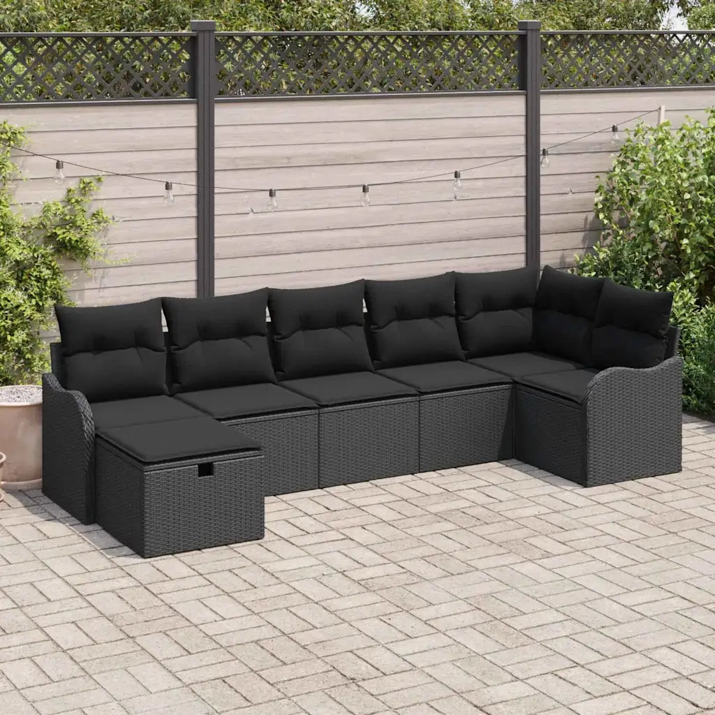 Set Divano da Giardino con cuscino 7 pcs Nero Poly Rattan