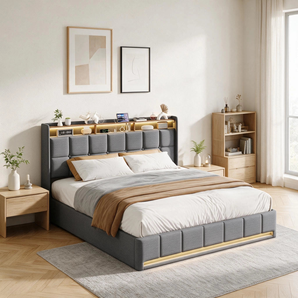 Letto matrimoniale 160x200 cm con contenitore LED USB testiera con mensola rete a doghe in lino - grigio
