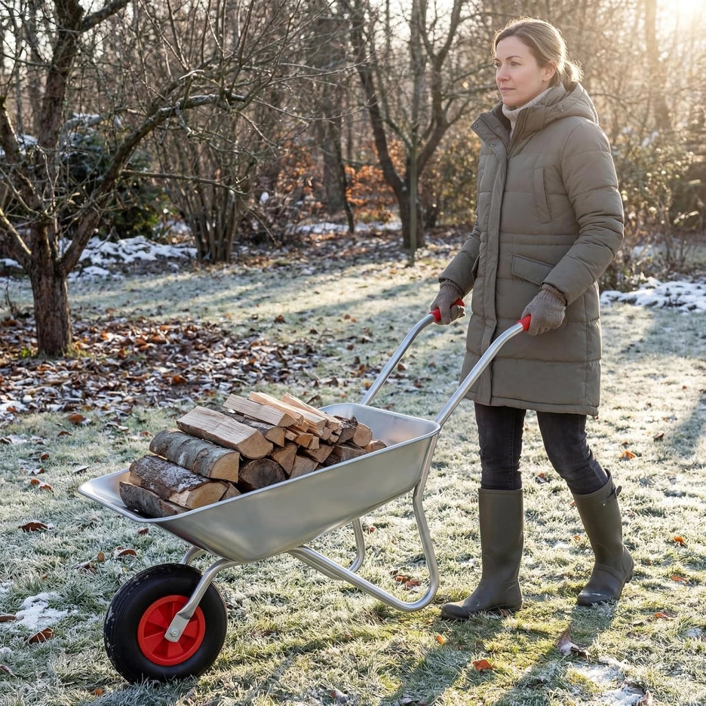 Carriola da Giardino, Carriola a Ruota Singola con 2 Manici Ergonomici e Ruota in Gomma, Capacità 62,5L 136 kg, Acciaio Zincato, per Giardinaggio, Costruzioni e Trasporto, 133 x 60 x 64 cm