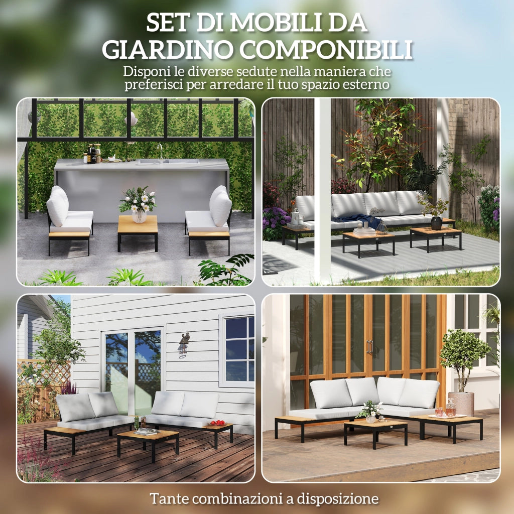 Set da Giardino 4 Pezzi con 2 Divanetti 2 Posti e 2 Tavolini in Metallo e Legno Composito, Grigio Nero e Teak