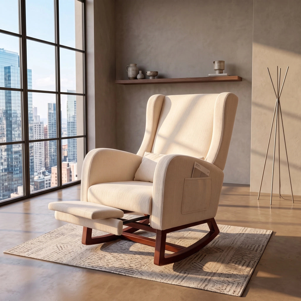 Poltrona relax a dondolo 73x62x48 cm con poggiapiedi;sedia a dondolo da interno per allattamento;struttura in legno e velluto opaco beige