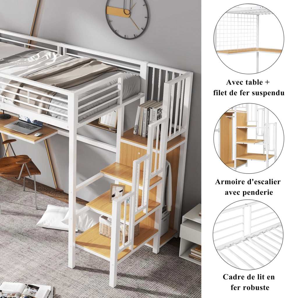 OKWISH Letto a Soppalco 90×200 cm, Letto Singolo con Scala Laterale, Scrivania e Armadio, senza Materasso, in Metallo e MDF, Bianco Naturale