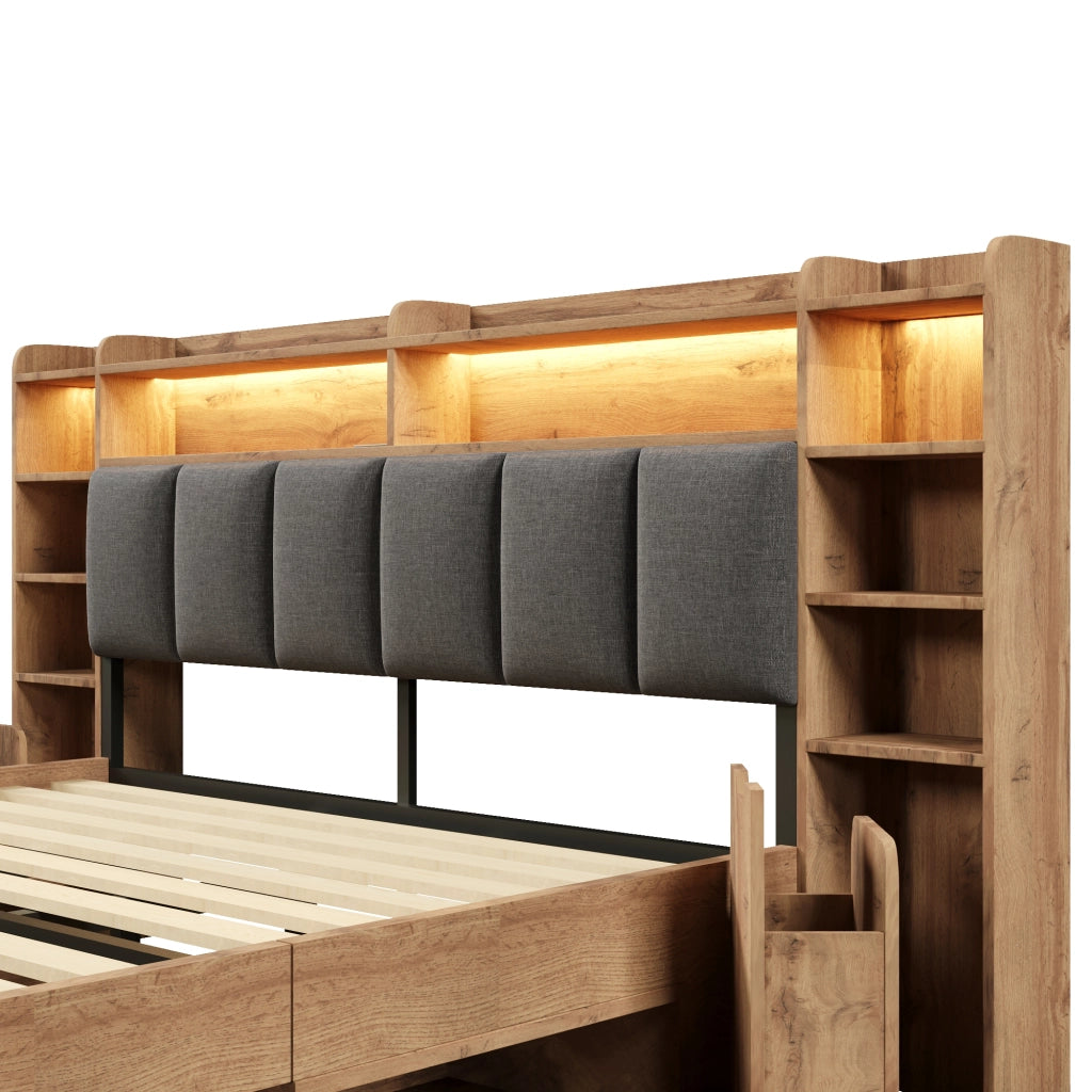DESMIU Litto Combinato 160 × 200 cm 2 posti con LED, USB, Type-C, vano contenitore e cassetti, senza materasso, in legno, rovere