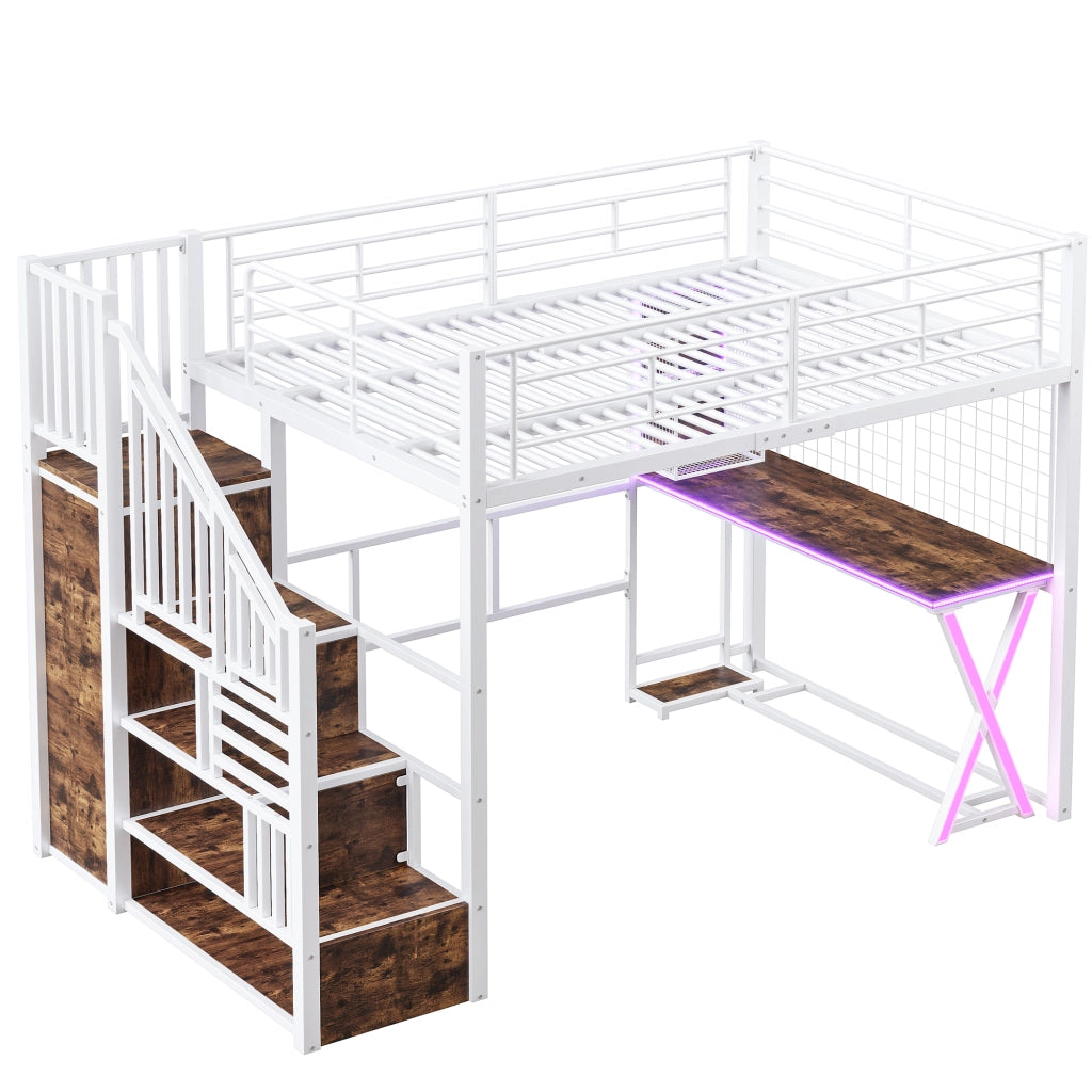 Letto a soppalco con LED - Zephmum- 140x200cm - Bianco - Scrivania, armadio, scaffali