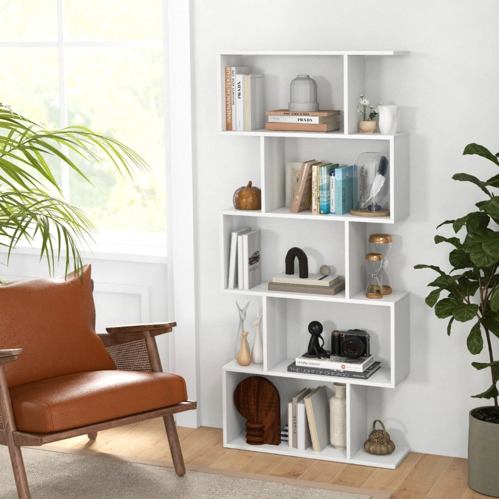 Scaffale a 5 ripiani con dispositivo antiribaltamento-Libreria geometrica a forma di S Bianco