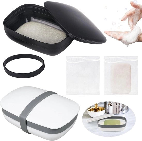 Set di sapone portatile - Sapone portatile impermeabile - Resina - Sacchetto di sapone e spugna - Nero e bianco - 2 pezzi