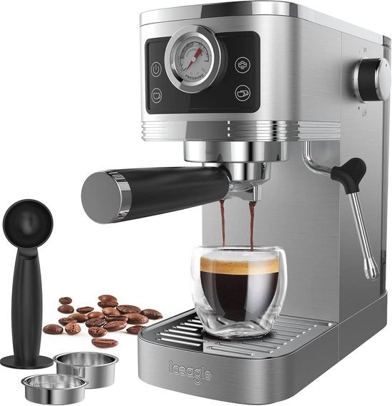 Macchina per caffè espresso con 20 bar di pressione e sistema di sbucciatura del latte – 1350 W, acciaio inossidabile, touchscreen e 1,3 L
