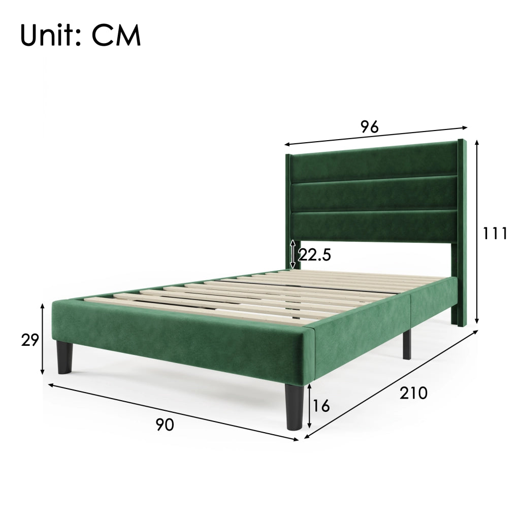 LETTO imbottito 90x200 cm in velluto verde con testiera