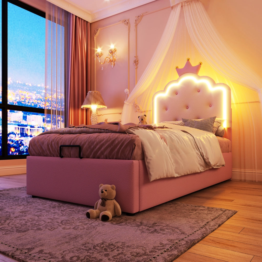 LETTO Contenitore 90x200 cm PU Rosa con luce LED